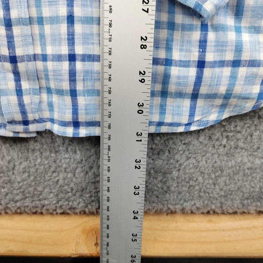 Banana Republic Linen Shirt Mens Blue White Plaid Camden Standard Fit Large